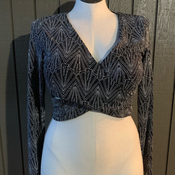 Divided Tops - Divided Black And Silver Shimmery Wrap Crop Top